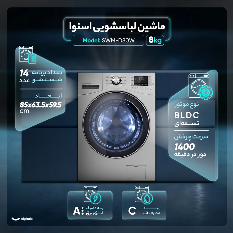 ماشین لباسشویی 8 کیلوگرم اتوماتیک اسنوا مدل SWM-D80W - Image 2