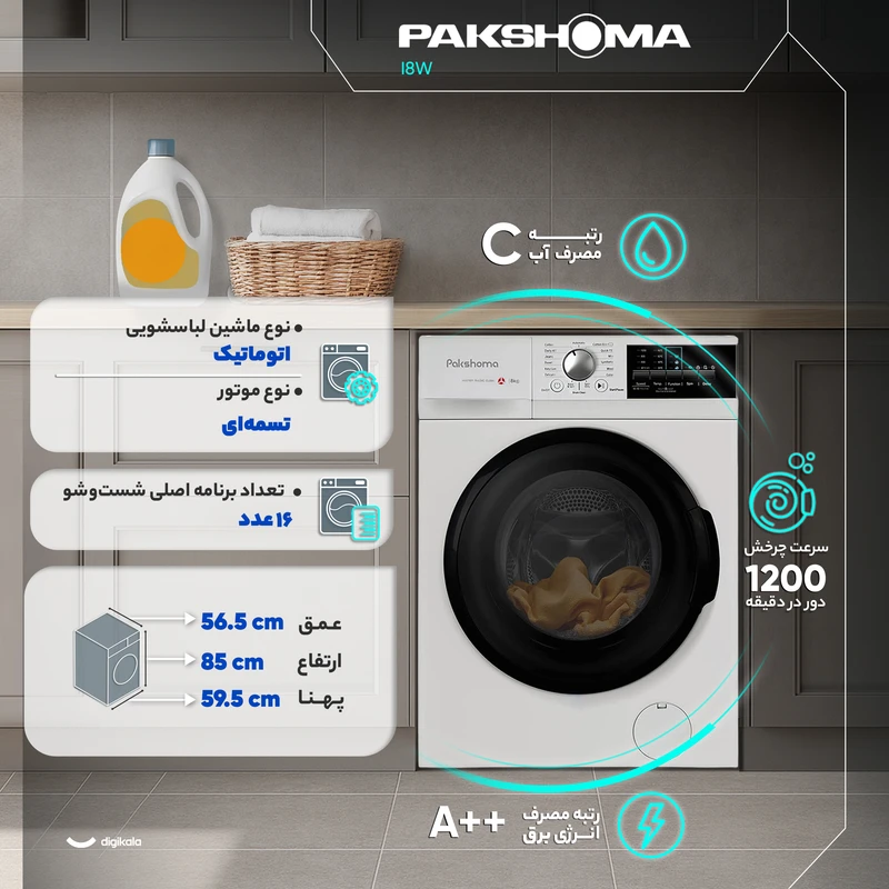 ماشین لباسشویی 8 کیلوگرم اتوماتیک پاکشوما مدل I8 - Image 2