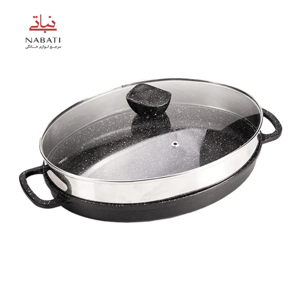 تابه چدن بیضی مدل angle (با درب شیشه)
